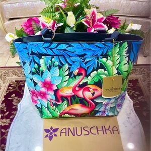 Anuschka Flamingo Fever Handpainted Leather Large Shoulder Tote